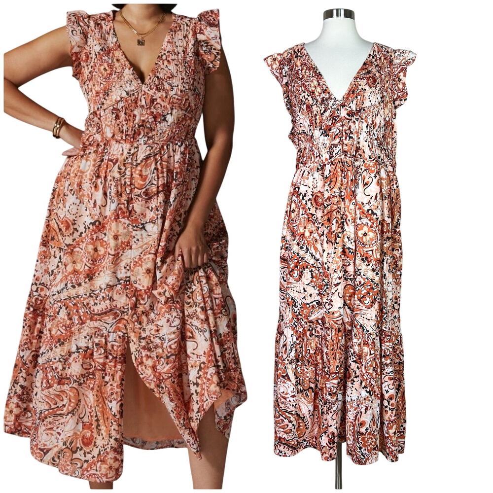 Anthropologie | Peregrine Orange Paisley Print Smocked Plus Size Midi Dress 2X